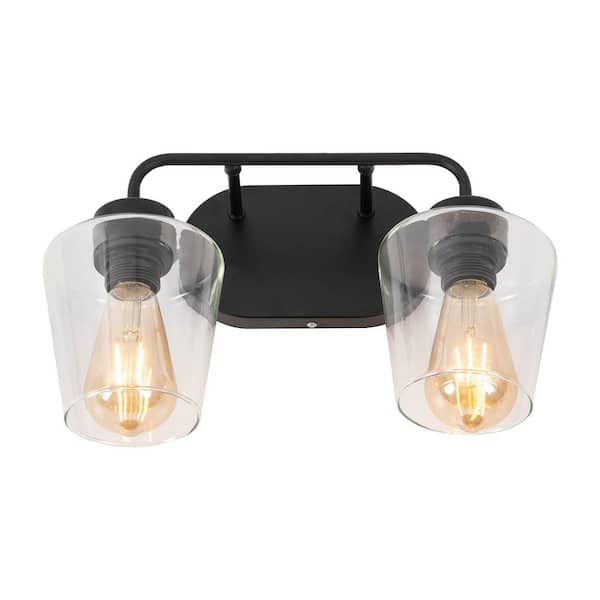 OUKANING 14.56 in. 2-Light Black Modern Wall Sconce with Clear Glass Shade, No Bulbs Included