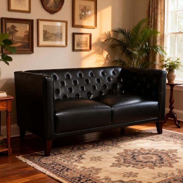 59.75 in. W Rectangle Faux Leather 2-Seater Upholstered Loveseat with Tufted Design in Black