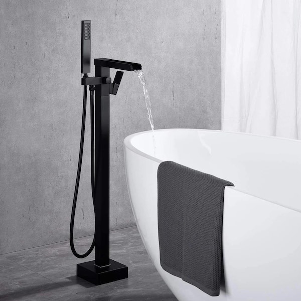 ELLO&ALLO Single-Handle Freestanding Floor Mount Tub Faucet Bathtub Filler with Hand Shower in Matte Black