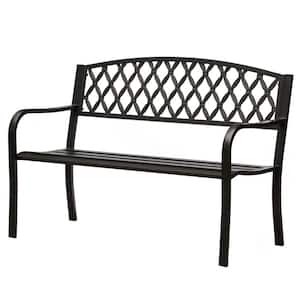 Black Outdoor Garden Patio Steel Park Bench Lawn Decor with Cast Iron Back Seating bench, with Backrest and Armrest