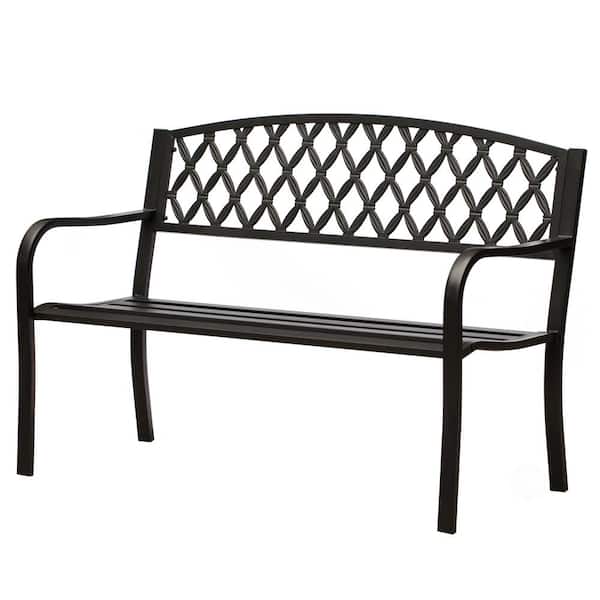 Gardenised Black Outdoor Garden Patio Steel Park Bench Lawn Decor with Cast Iron Back Seating bench, with Backrest and Armrest