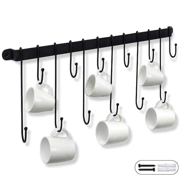 Numhew 12-Hook Black Hanging Coffee Mug Wall Rack, 23 in. Wall Mounted Mug Hook Coffee Cup Holder
