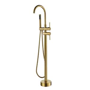 Double-Handles Floor-Mount High Arch Tub Faucet High Flow Bathroom Tub Filler with Handshower in Titanium Gold