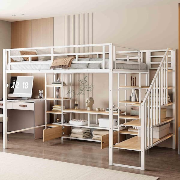 White Full Size Loft Bed with Staircase, Low Storage Table and Storage Shelves