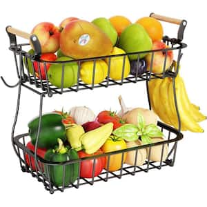 2 Tier Fruit Basket with 2 Hangers, Countertop Metal Wire Storage Bowl for Kitchen Counter Fruits Stand Holder Organizer