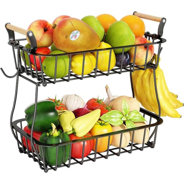 2-Tier Fruit Basket with 2 Hangers, Countertop Metal Wire Storage Bowl for Kitchen Counter Fruits Stand Holder Organizer