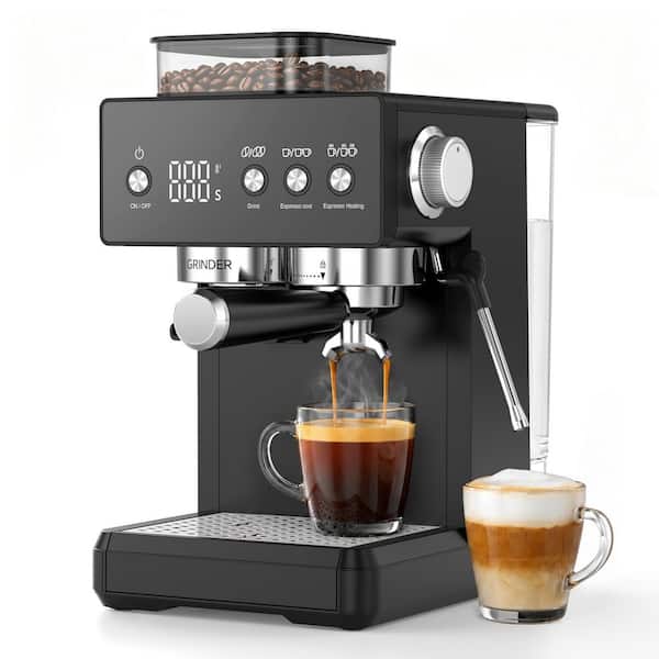 2-Cup Black Stainless Steel Semi-Automatic Espresso Machine with Built-In Grinder, 20-Bar Extraction, NTC Temp Control