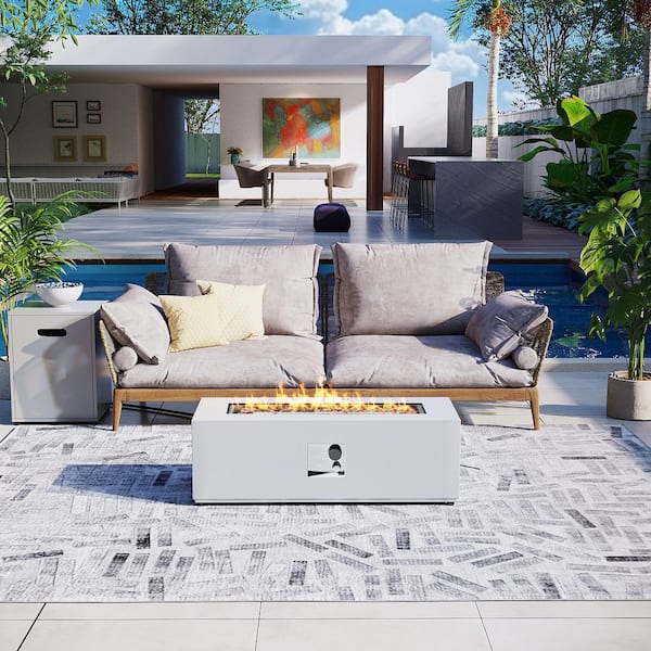 42 in. Rectangular Iron Outdoor White Fire Pit Table with Propane Tank Cover