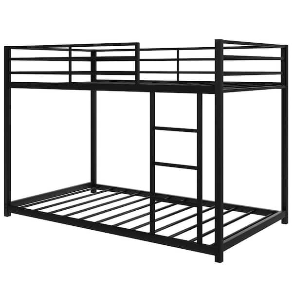 Twin Over Twin Metal Bunk Bed, Low Bunk Bed with Ladder - Black