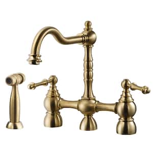 Lexington Traditional 2-Handle Bridge Kitchen Faucet with Sidespray and CeraDox Technology in Brushed Brass