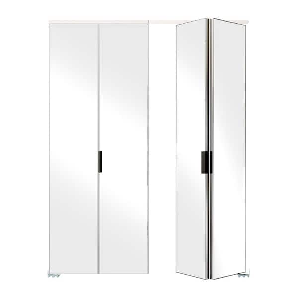 TENONER 72 in. x 80 in. Mirrored Glass, White, Hollow Core, MDF, Aluminum Frame, Full Lite Bi-Fold Doors with Hardware Kits