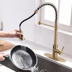 Touchless Sensor Single Handle Pull-Down Sprayer Kitchen Faucet with Deck Plate in Brushed Gold