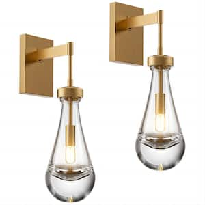 17.7 in. 1-Light Gold Wall Sconce, Raindrop Wall Lighting with Hand Blown Solid Glass, Brass Base and Rod (2-Sets)