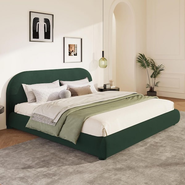 Miller Modern Dark Green Velvet Upholstered Wood Frame King Size Platform Bed with Curved Headboard