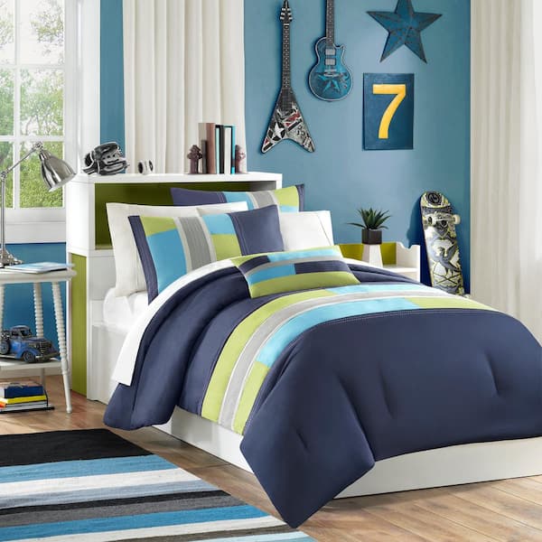 Intelligent Design Switch 4-Piece Navy Microfiber Full/Queen Stripe Pieced Comforter Set