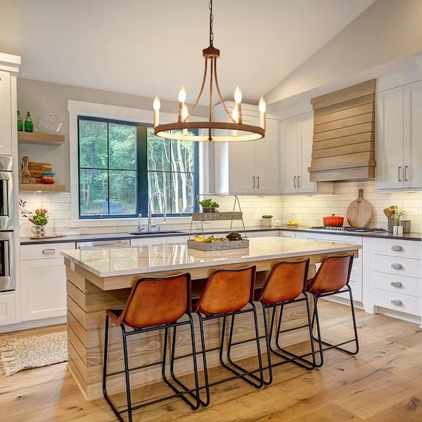 6-Light Farmhouse Black and Vintage White Candle Design Circle Wagon Wheel Chandelier Lighting for Kitchen Island