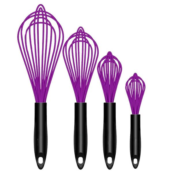 Purple Silicone Wire Whisks Set of 4 Non-Slip Handle Egg Beater Multipurpose Kitchen Tool for Cooking