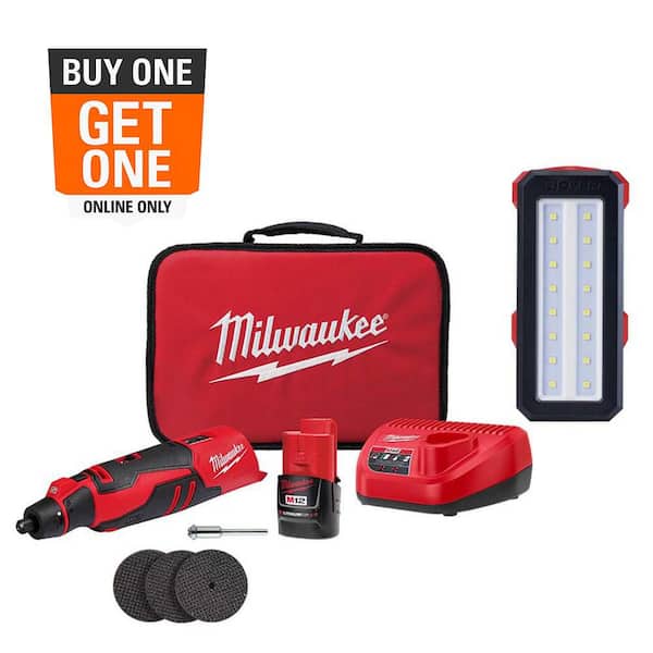 M12 12V Lithium-Ion Cordless Brushless Rotary Tool Kit with M12 12V ROVER Service and Repair Flood Light