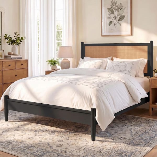 Black Wood Frame King Size Platform Bed with Woven Cane Headboard
