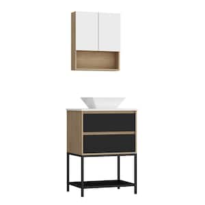 23 in. W x 17.7 in. D x 34 in. H Single Sink Free Standing Bath Vanity Wooden Grain with White Ceramics Top and Mirror