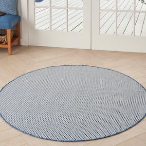 Courtyard Ivory Blue 5 ft. x 5 ft. Round Solid Geometric Contemporary Indoor/Outdoor Area Rug