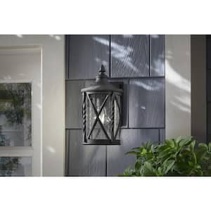 Walcott Manor 11.5 in. 1-Light Black Hardwired Transitional Outdoor Wall Light Sconce Lantern with Clear Seeded Glass
