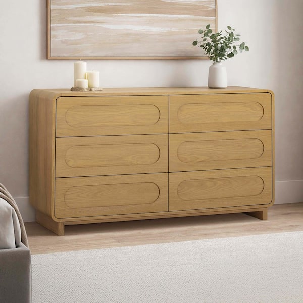 Teamson Home Tenley Natural 6-Drawer 55 in. W Dresser Wood Bedroom Storage Dresser with Spacious Drawers for Clothes Organization THF1325NA