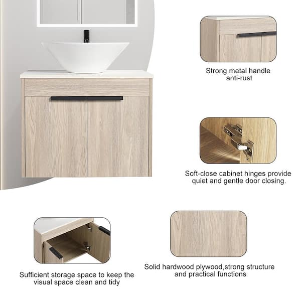 24 in. W x 19 in. D x 24 in. H Floating Bath Vanity in White Oak with Porcelain Vanity Top in White with Single Sink