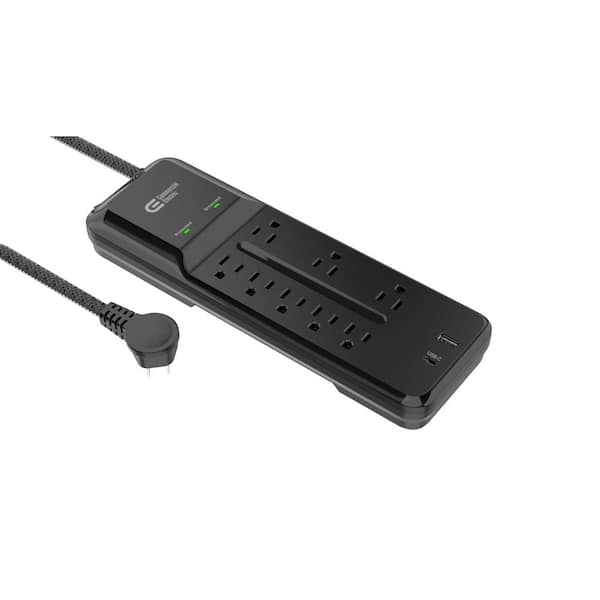 Commercial Electric 12 ft. Braided Cord 8-Outlet Surge Protector with 1 USB and 1 USB-C, Black