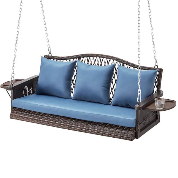 3-Person Brown Wicker Porch Swing Chair Bench for Adult with 8.9 ft. Hanging Chains and Blue Cushions and Cup Holder