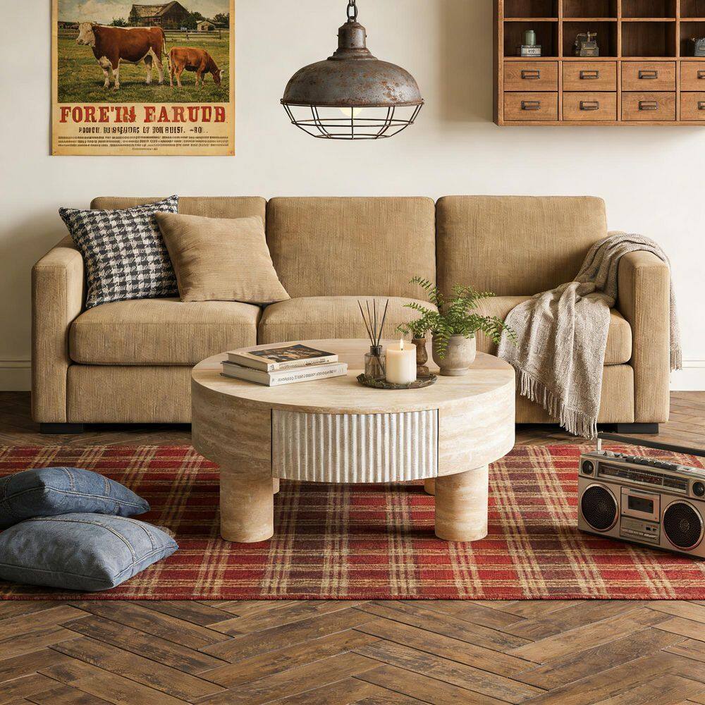 Eviro 31.5 in. Beige and Yellow Round MDF Wood Flip Top Coffee Table with Fluted Drawer