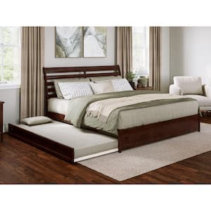 Emelie Walnut Brown Solid Wood Frame King Platform Bed with Panel Footboard and Twin XL Trundle