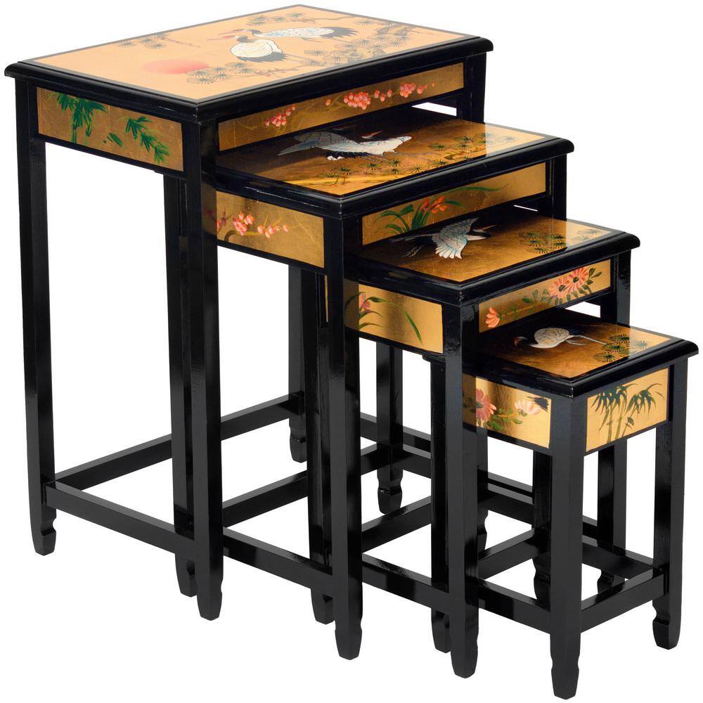 Gold Lacquer Cranes Design Nesting Tables Set