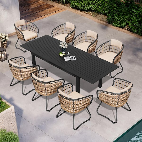 9-Piece Aluminum Wicker Outdoor Dining Set with Beige Cushion, Extendable Table and Steel Chairs Included