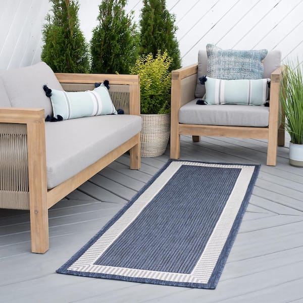 Eco Striped Border Navy 3 ft. x 10 ft. Indoor/Outdoor Runner Rug