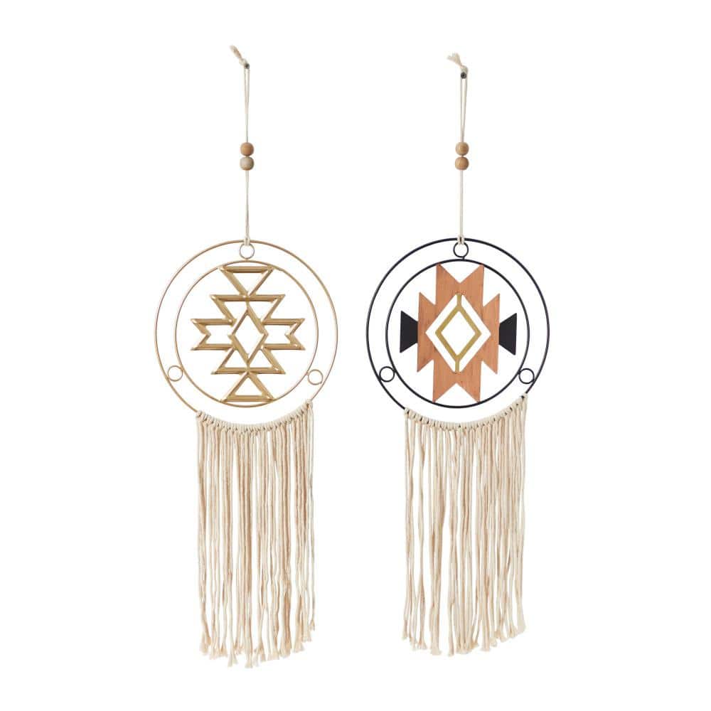 Multi-Colored Metal and Linen Macrame Wall Hanging Set