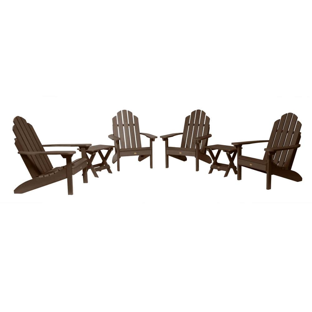 Weathered Acorn 4-Person Plastic Adirondack Chair Set with Side Tables
