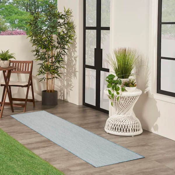 Courtyard Ivory/Aqua 2 ft. x 10 ft. Runner Solid Geometric Contemporary Indoor/Outdoor Area Rug