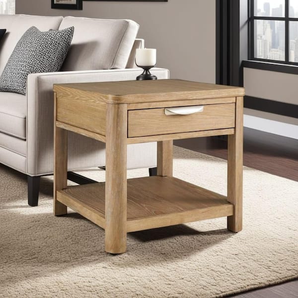Benjara Anay 18  in. Light Brown Rectangle Wooden Side table with with Dual USB Port