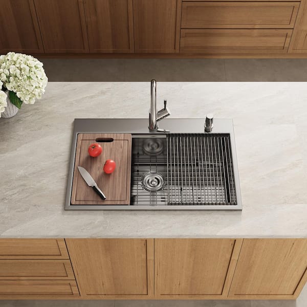 33 in. Drop-In Single Bowl 18 Gauge Stainless Steel Kitchen Workstation Sink with Accessories and Bottom Grid