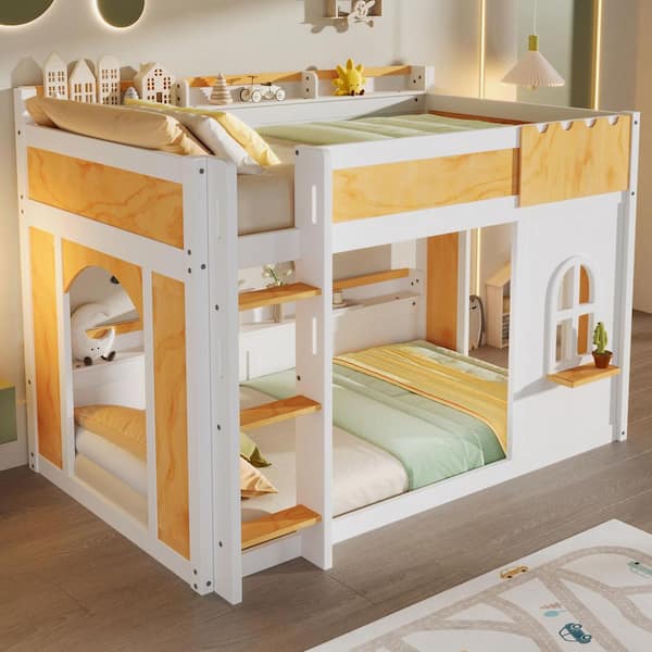 Thelma Natural+White Twin Over Twin Bunk Bed with Storage Shelves, Window, 2 Doors