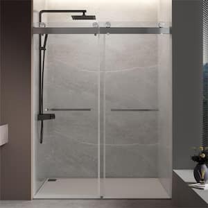 60 in. W x 76 in. H Double Sliding Frameless Shower Door with 0.39 in. Clear Glass and Buffer Function, Brushed Nickle