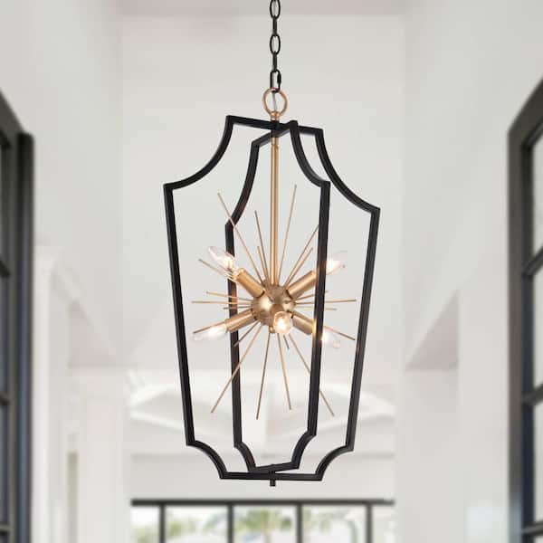 Zevni 14.5 in. 6-Light Black and Dark Gold Classic Sputnik Chandelier Pendant Light, Farmhouse DIY Hanging Pendant Light