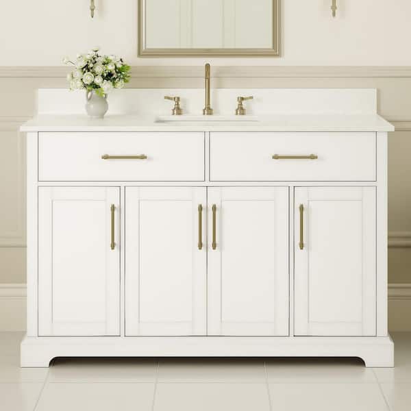 48 in. White Wood Single Sink Freestanding Bathroom Vanity with White Marble Top(Assembled)