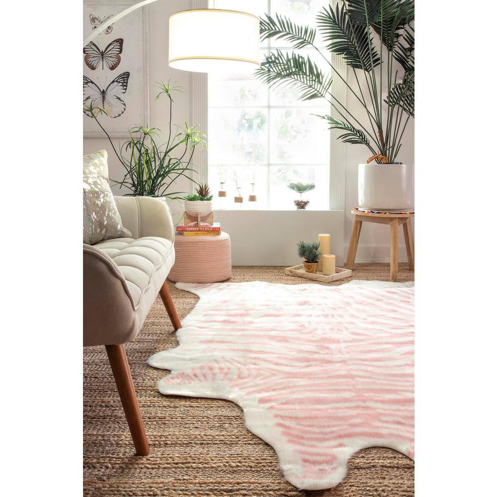 Pink and White Faux Zebra Cowhide Area Rug, 5' x 7'