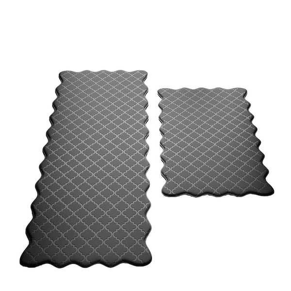 2-Piece Black Waterproof Scalloped AntiFatigue Indoor NonSlip KitchenMat Set Sink,Office,17 in. x 30 in., 7 in. x 47 in.
