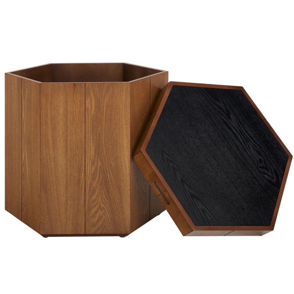 Rafaela 20" Walnut and Black Hexagon Storage Accent Table