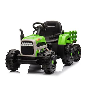 24-Volt Green Kids Ride on Tractor Electric Car with Trailer, 3-Speed Adjustable, MP3, Bluetooth, LED Light, Safety Belt