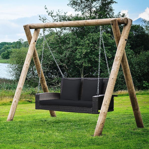2-Person Patio Rattan Hanging Porch Swing Bench Chair Black Cushion