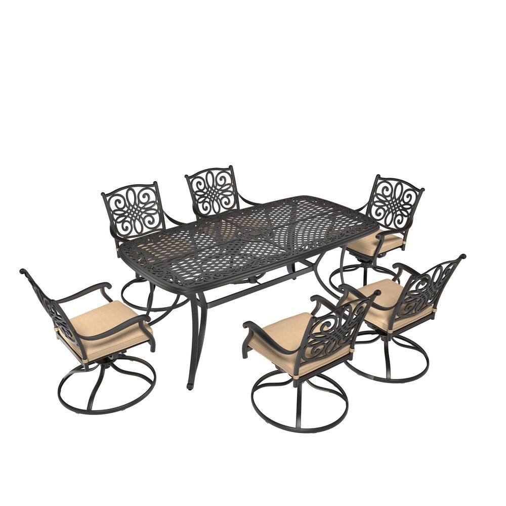 7-Piece Cast Aluminum Outdoor Dining Set with Rectangle Table Swivel Dining Chair with Brown Cushions